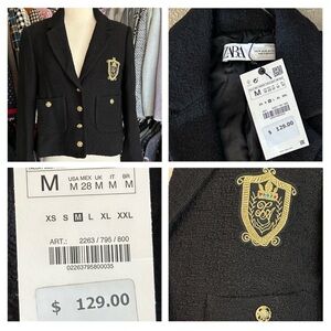 NWT Zara Black Crest Blazer with Gold Buttons